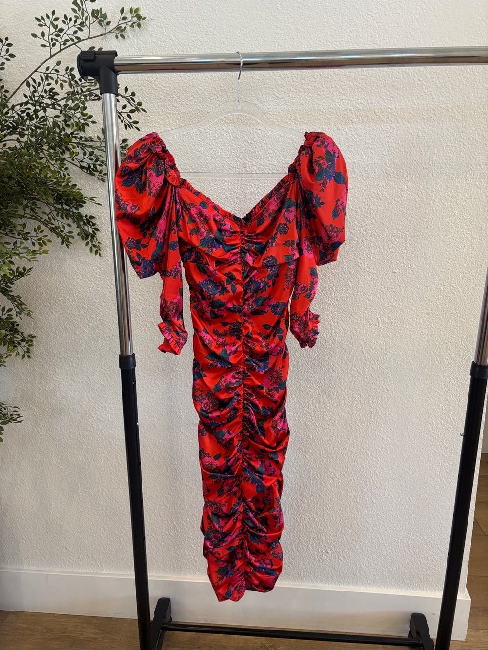 For Love & Lemons Red Floral Ruched Puff-Sleeve Midi Dress